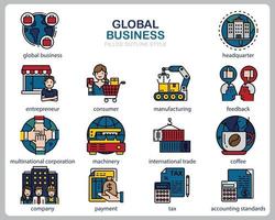 Global business icon set for website, document, poster design, printing, application. Global business concept icon filled outline style. vector