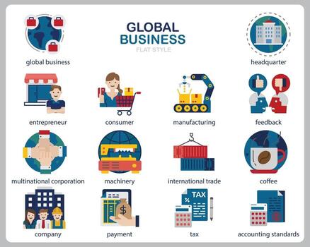 Global business icon set for website, document, poster design, printing, application. Global business concept icon outline style. vector