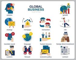 conjunto de iconos de negocios globales para sitio web, documento, diseño de carteles, impresión, aplicación. estilo de esquema de icono de concepto de negocio global. vector