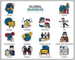 Global business icon set for website, document, poster design, printing, application. Global business concept icon filled outline style. vector