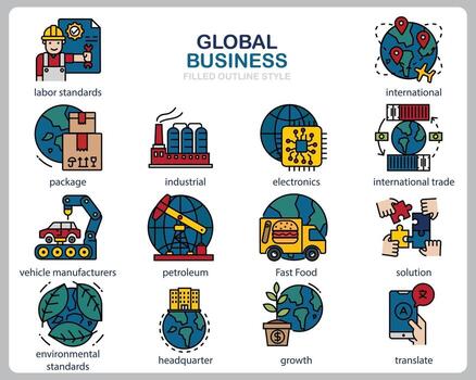 conjunto de iconos de negocios globales para sitio web, documento, diseño de carteles, impresión, aplicación. icono de concepto de negocio global lleno de estilo de contorno. vector