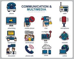 comunicación multimedia conjunto de iconos para sitio web, documento, diseño de carteles, impresión, aplicación. icono de concepto de comunicación lleno de estilo de contorno. vector