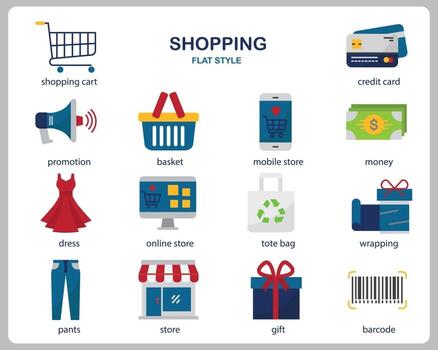 Shopping icon set for website, document, poster design, printing, application. Shopping concept icon flat style. vector