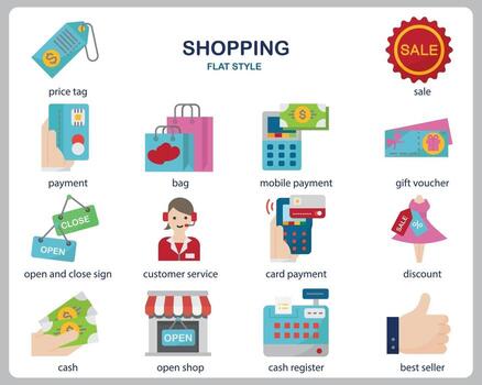 Shopping icon set for website, document, poster design, printing, application. Shopping concept icon flat style. vector