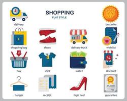 Shopping icon set for website, document, poster design, printing, application. Shopping concept icon flat style. vector