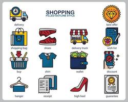 Shopping icon set for website, document, poster design, printing, application. Shopping concept icon filled outline style. vector