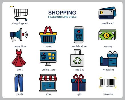 Shopping icon set for website, document, poster design, printing, application. Shopping concept icon filled outline style. vector