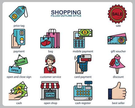 Shopping icon set for website, document, poster design, printing, application. Shopping concept icon filled outline style. vector