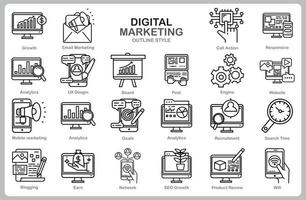 icono de marketing digital para sitio web, documento, diseño de carteles, impresión, aplicación. estilo de esquema de icono de concepto de marketing digital. vector