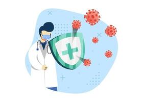 Ilustración de vector de concepto de prevención de virus. médico lucha contra el virus con escudo médico. Puede utilizar para la página de inicio, aplicaciones móviles. estilo plano de ilustración de dibujos animados de personaje.