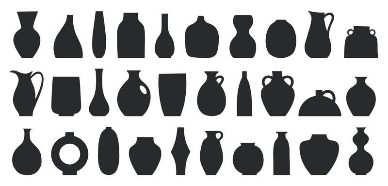 Set of different shapes of decorative vases and pots vector illustration. Minimalist shapes in black colors. Contemporary art for home decor. Design element for poster, cover, brochure