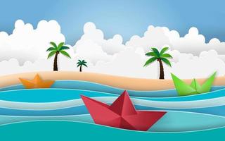 Summer beach palm trees on the beach with boat sailing in the sea. vector