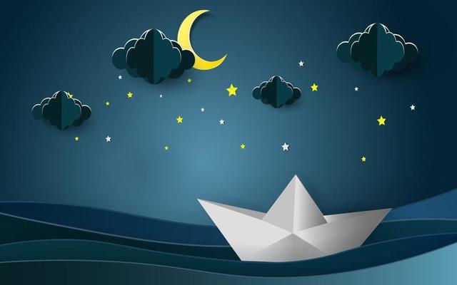 Sailboats on the ocean landscape with Moon and stars in night sky. Goodnight concept.