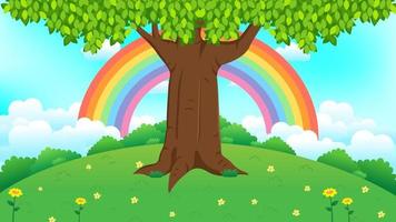 hermoso árbol sobre la hierba verde con fondo de arco iris vector