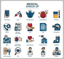 conjunto de iconos de chequeo médico para sitio web, documento, diseño de carteles, impresión, aplicación. icono de concepto de salud lleno de estilo de contorno. vector