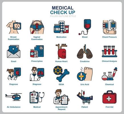 Medical Check Up icon set for website, document, poster design, printing, application. Healthcare concept icon filled outline style.