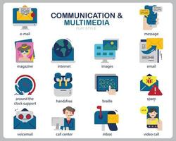 comunicación multimedia conjunto de iconos para sitio web, documento, diseño de carteles, impresión, aplicación. icono de concepto de comunicación estilo plano. vector