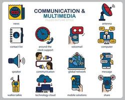 comunicación multimedia conjunto de iconos para sitio web, documento, diseño de carteles, impresión, aplicación. icono de concepto de comunicación lleno de estilo de contorno. vector