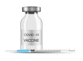 Vaccine bottle and syringe, Corona virus Covid 19 vaccine, isolated on white background, vector illustration