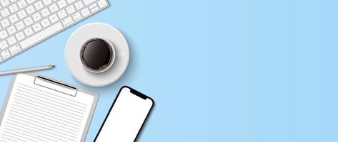 Flat lay minimal work space, top view office desk with computer keyboard, clipboard and coffee cup on blue color background with copy space, vector illustration