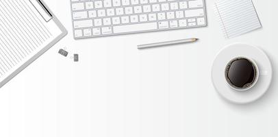 Flat lay minimal work space, top view office desk with computer keyboard, clipboard and coffee cup on white color background with copy space, vector illustration