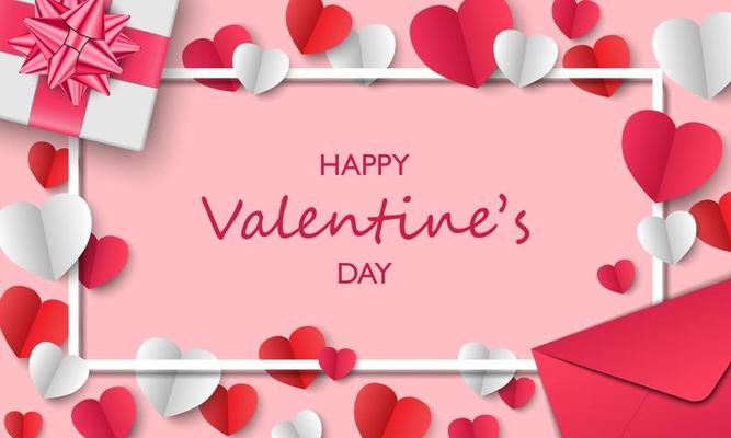 Valentine's Day background, gift box, envelope and paper hearts on pink background, vector illustration