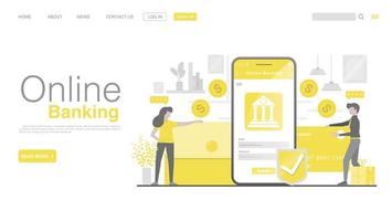 Online Banking and Mobile Payment. People Characters Using Smartphone For Internet Mobile Payments. Landing page in Flat Style. vector