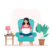 Girl sitting on an armchair and working from home, student or freelancer. Home office concept. Flat vector illustration.