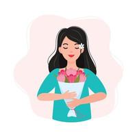 Cute Happy Girl Holding Bouquet of flowers Illustration. vector