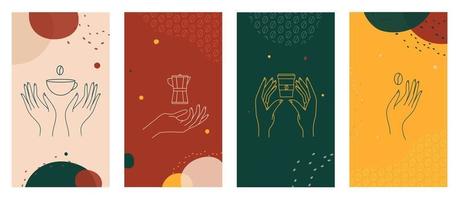 Hands with coffee cup, coffee pot and beans logo templates set
