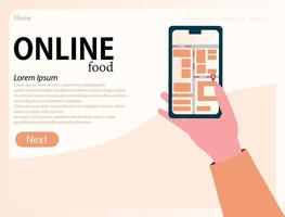 Grocery delivery at home and smartphone app. Online store, sale via the Internet, ordering products from a mobile phone. Hand holds a phone landing page vector