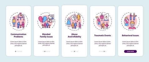 Online family therapy types onboarding mobile app page screen with concepts vector