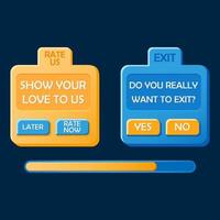 Modern game ui kit pop up. Exit, rate us pop up and loading bar for 2d games vector Illustration