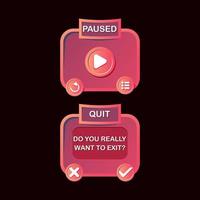 Game ui set. Pause and quit menu pop up for 2d games vector Illustration