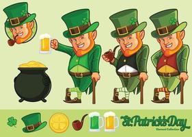 dibujos animados de duendes y colección de elementos para la celebración del día de san patricio con color opcional vector