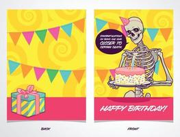tarjeta de cumpleaños con esqueleto contando un chiste oscuro