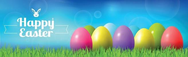 Abstract Easter bokeh background with colorful eggs lying on the grass against the background of the sky, congratulations on Easter - illustration vector