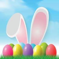 Easter background with colorful eggs lying on the grass, bunny ears - Vector illustration