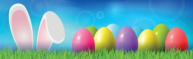 Easter background with colorful eggs lying on the grass, bunny ears - Vector illustration