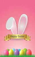 Easter background with colorful eggs lying on the grass, bunny ears - Vector illustration