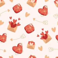 Seamless valentines day pattern with boxes of chocolates and envelopes in flat style