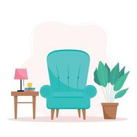 Interior with Armchair, House Plant and Side Table Illustration. vector