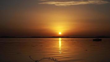 océano atardecer en pueblo de pescadores detrás de una pequeña rama de plantas video