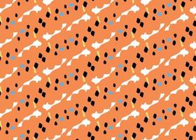 Hand drawn, orange, yellow, blue, black, white spots seamless pattern vector