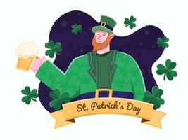 día de san patricio con duende con cerveza. Ilustración plana del feliz día de San Patricio con hojas de trébol. se puede utilizar para tarjetas de felicitación, invitaciones, pancartas, carteles, folletos, web. vector