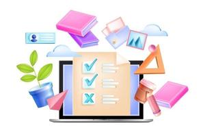 Online exam vector education illustration, web school test isolated concept, laptop screen, check boxes, list. Internet distance quiz, questionnaire, poll design. Online exam, digital survey, book