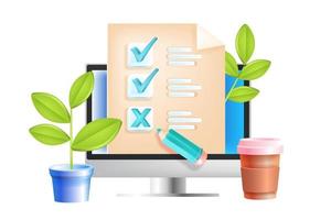 Online survey, internet questionnaire, web feedback, education test vector concept, computer screen. Digital quiz report, marketing research, quality review illustration. Online SMM survey, checkboxes