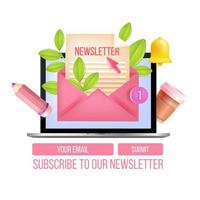 Newsletter subscription vector web form, popup template, laptop, envelope, letter, notification bell. Email internet marketing, website sign up design. Digital online mailbox, newsletter subscription