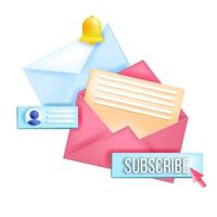 Subscribe newsletter, online email marketing isolated vector 3D concept, envelopes, notification bell. Social media postal internet illustration, button,profile. Subscribe newsletter message blog icon