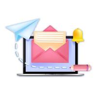 Subscribe newsletter, new email notification concept, laptop screen, paper airplane, open envelope, bell. Internet mail business marketing 3D illustration. Subscribe promotion newsletter isolated logo